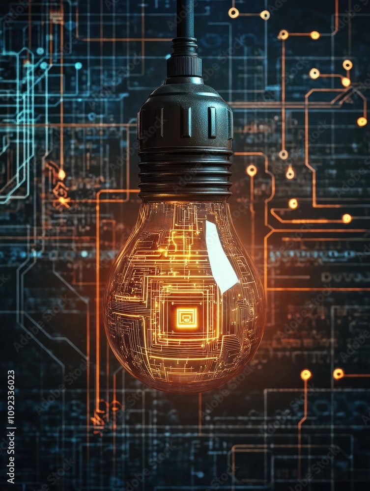 Poster glowing circuit lamp on digital grid background. idea and innovation concept. 3d rendering.