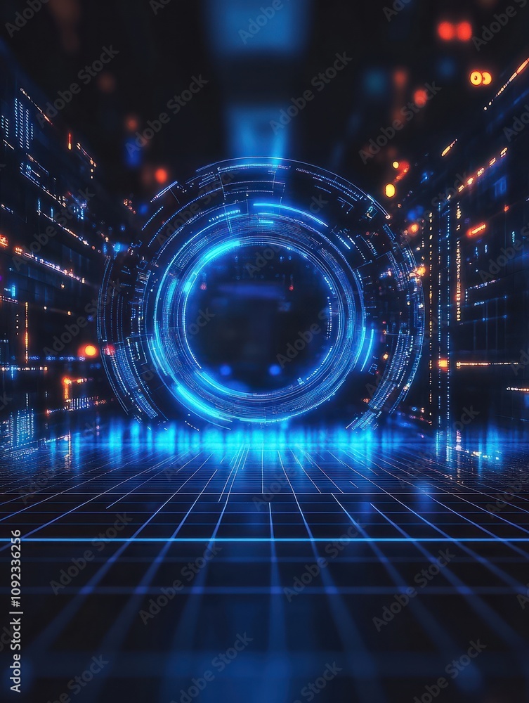 Poster glowing round digital blue interface on dark grid background with mock up place. hud, innovation, di