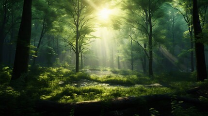 Fototapeta premium Lush Green Forest Bathed in Ethereal Sunlight and Mist