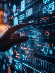 Hand pointing at abstract business interface. Media and analytics concept. 3D Rendering.