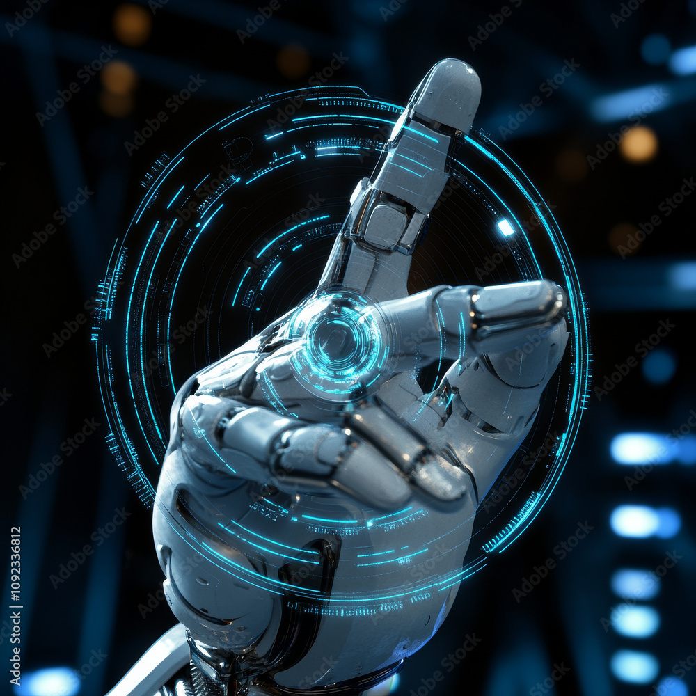 Poster a mechanical arm or hand pressing its index finger on a button within a virtual holographic interfac