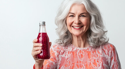An elderly woman with silver hair, joyfully holding a bottle of raspberry juice, set against a bright white background that highlights her cheerful expression