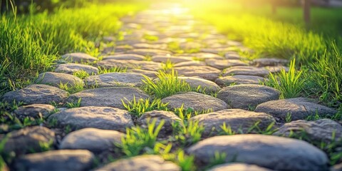 Naklejka premium A sunlit stone road features green grass sprouting through the stones, creating a beautiful natural background that highlights the contrast between the stone and the vibrant grass.