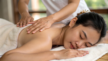 Fototapeta premium Hands of Thai massage Asian woman back side therapy relax in spa salon center - Close up .png
