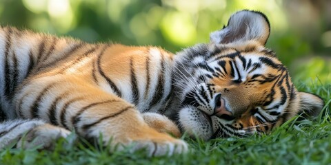 Fototapeta premium Adorable sleeping tiger cub captures the beauty of a striped predator. This close up shot highlights the charm of the tiger cub as it rests peacefully in the grass. Enjoy the serenity of this tiger