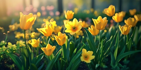 Vibrant yellow flowers bloom in a lush green garden, showcasing the beauty of spring flowers and their bright hues, creating a cheerful scene filled with the charm of spring flowers.