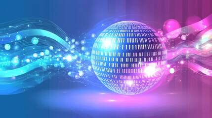 Obraz premium glowing pulsating data sphere surrounded by vibrant waves and lights, creating dynamic digital atmosphere