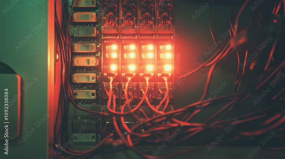 Poster illuminated server rack with red cables and lights