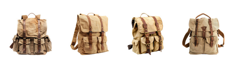 Collection of Vintage Canvas Backpacks on Isolated Transparent Background - PNG Image