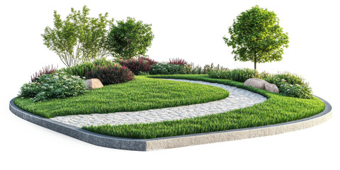 Fototapeta premium Serene Garden Landscape: Stone Path, Lush Greenery, and Tranquil Design