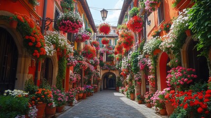 Fototapeta premium A vibrant alley adorned with blooming flowers and colorful buildings, creating a picturesque scene.