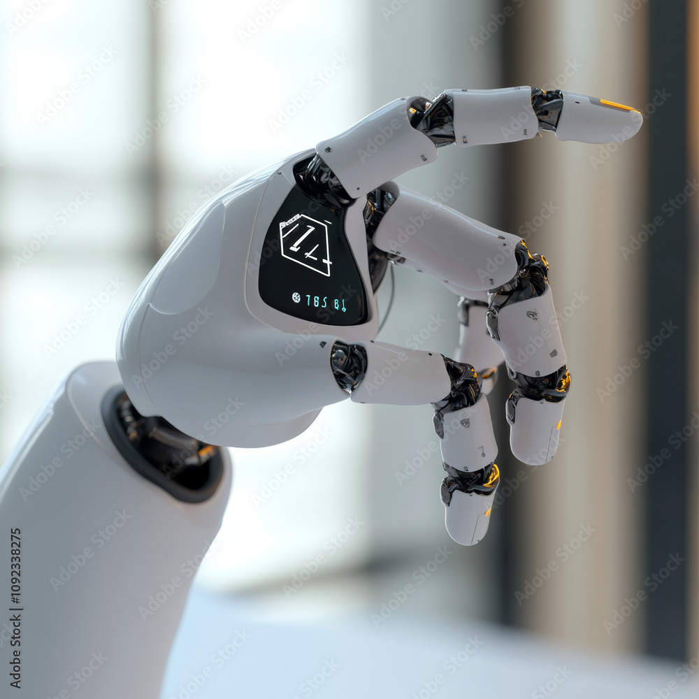 Poster a robot arm with artificial intelligence pressing a button featuring an ai logo. the cyborg hand tou