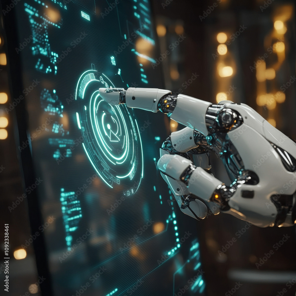 Poster a robot arm with artificial intelligence pressing a button featuring an ai logo. the cyborg hand tou