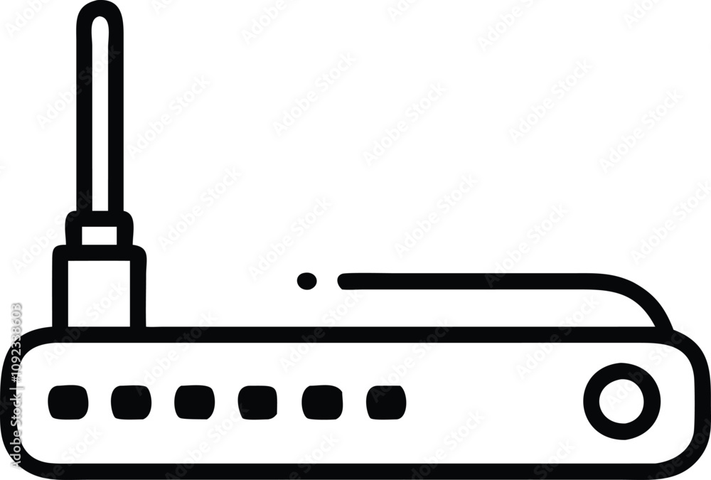 Poster minimalistic wireless router with antenna icon, black line illustration of a wireless router featuri