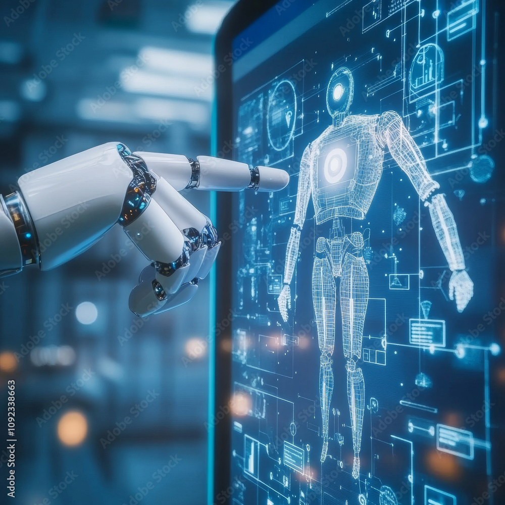 Poster a robot arm with an ai finger pointing to touch a screen, clicking with a swift motion. the backgrou