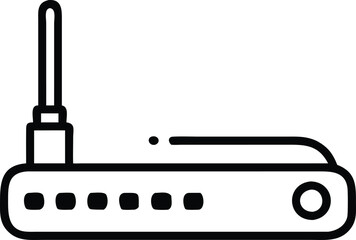 Minimalistic Wireless Router with Antenna Icon, Black line illustration of a wireless router featuring an antenna and indicator lights, representing internet connectivity and networking devices.

