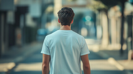 Fototapeta premium A wide shot of a lonely man in a white T-shirt walking away from the camera, highlighting his rejection