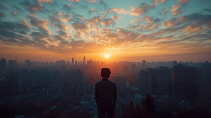 Fototapeta premium Silhouette Person Watching City Sunrise Skyline