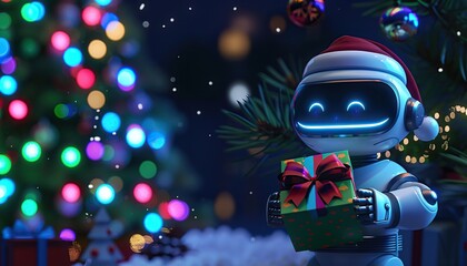 3d Happy Cute AI Robot Santa Claus Hat Holding Gift Box Futuristic Digital Blue LED Neon Light Decorated New Year Ornaments Christmas Tree Colorful Gift Boxes
