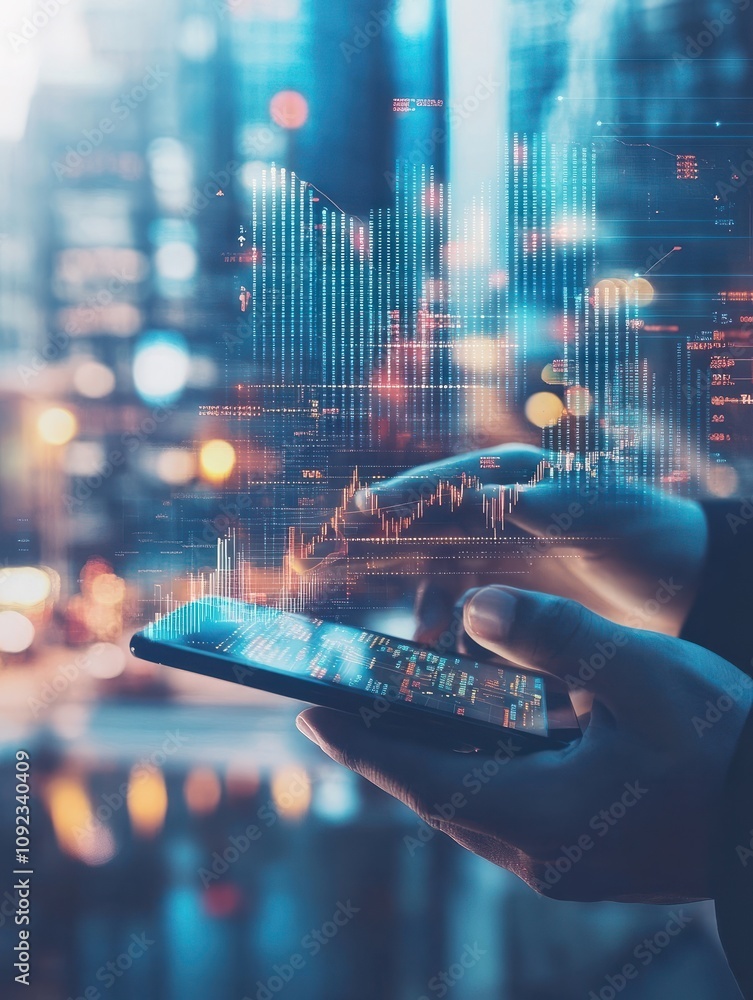 Poster over shoulder close up view of male analyst broker's hands holding touch screen device smartphone us