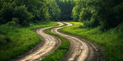 Fototapeta premium Dirt road surrounded by lush green grass at the edge of a forest during summer, showcasing the beauty of nature along the dirt road in this vibrant season.