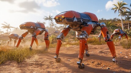 Obraz premium Futuristic Robotic Creatures Roaming a Desert Landscape with Palm Trees Under a Bright Blue Sky, Showcasing Advanced Technology and Imaginative Design Elements