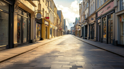 Obraz premium An empty street during lockdown, with caution signs and deserted shops