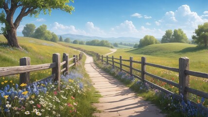 Fototapeta premium Scenic countryside path with wooden fence and wildflowers.