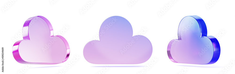 Poster 3d set of glass holographic transparent cloud web icon with pink blue gradient texture in different 