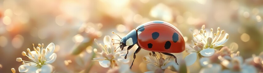 A close-up of a vibrant ladybug nestled among delicate flowers in soft sunlight, showcasing nature's beauty and tranquility.