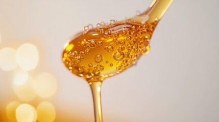 A close-up of honey dripping from a spoon, showcasing bubbly texture and a warm golden hue against a blurred background. The image conveys sweetness.