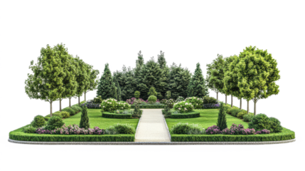 Serene Formal Garden Landscape Design: Lush Greenery, Meandering Pathway