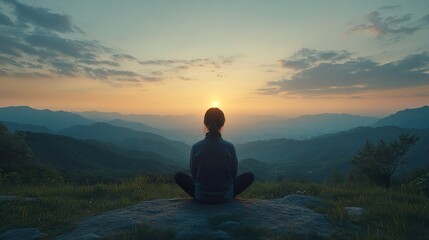 Obraz premium Woman Meditates Mountaintop Sunset Scenic View