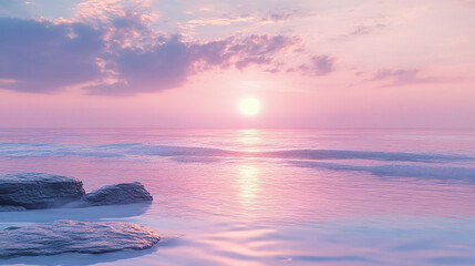 .A calming poster of a pastel sunset over a tranquil ocean, designed to evoke relaxation in a spa-like bathroom