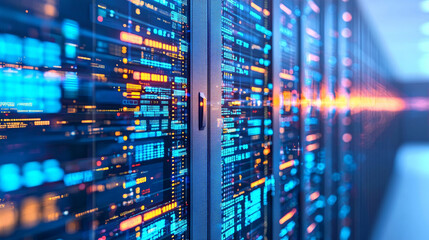 Naklejka premium vibrant data center with illuminated server racks showcasing technology and connectivity. colorful lights represent data flow and digital communication