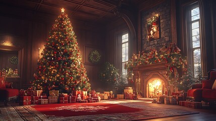 Fototapeta premium Cozy christmas celebration living room festive decor warm ambiance