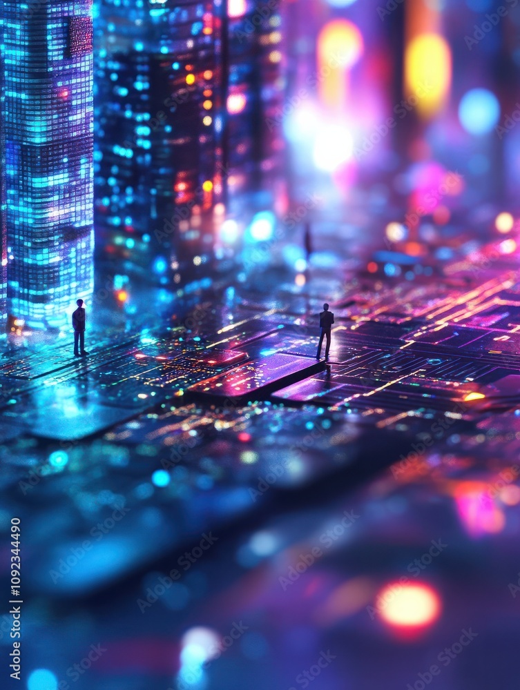 Poster specialists work with laptop digital data, tiny people. digital transformation, digital solution dev