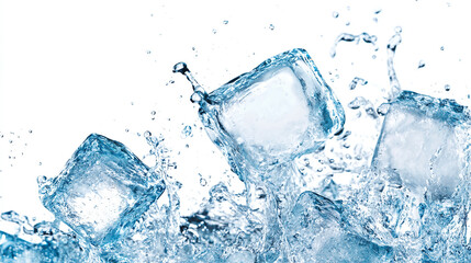 Obraz premium A close-up shot of water splashing from a glass filled with ice cubes, with the icy elements highlighted against a pure white background