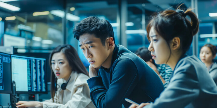 Focused Asian young adults working in a modern office environment with computers