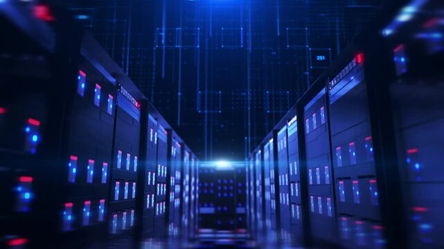 Modern network server room data center, high quality animation of camera moving through the server room.