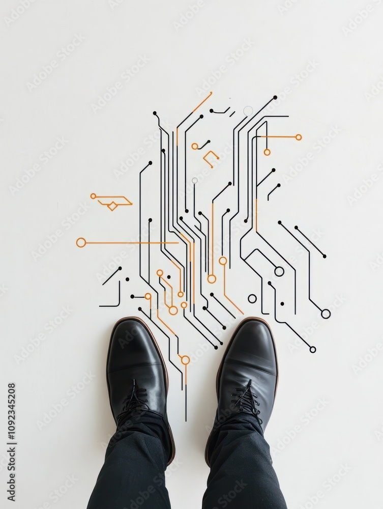 Poster top view of businessman feet standing on abstract circuit arrow sketch on white ground background wi