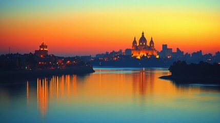Naklejka premium A serene sunset over a river with illuminated buildings and reflections.