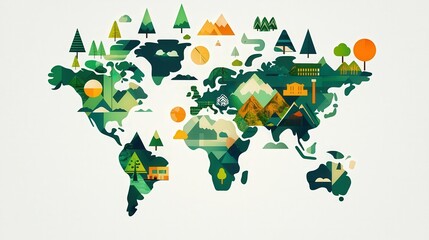 Obraz premium Illustrated world map with sustainable travel symbols
