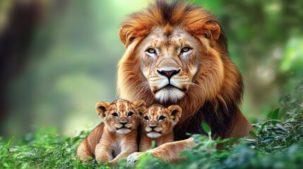 Obraz premium Majestic Lion with Playful Lion Cubs in Lush Green Environment, Showcasing Family Bonding and Natural Wildlife Beauty in the Heart of the African Savanna