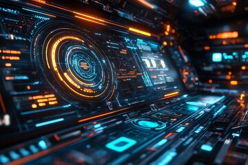 Fototapeta premium Futuristic digital interface with glowing orange and blue HUD elements.