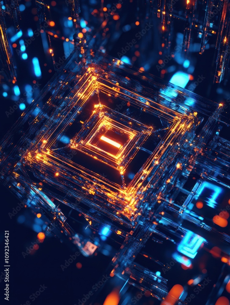 Poster wide computer icon hologram on dark blue background. digital transformation concept. 3d rendering