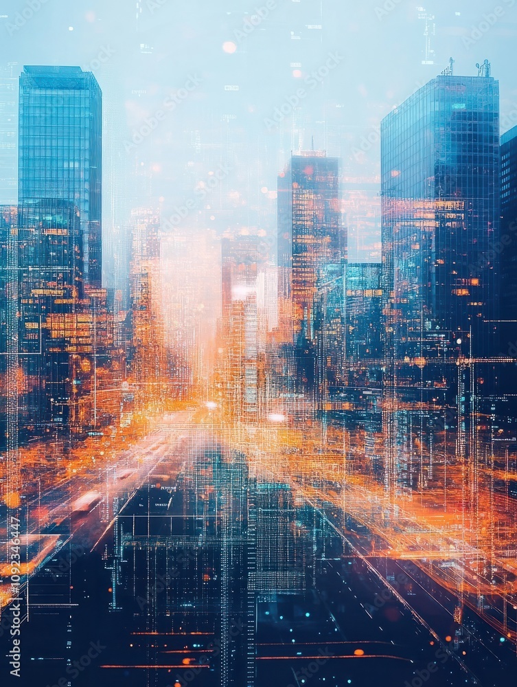 Poster wide image of abstract city background with digial grid and mesh. web, network, map and information 