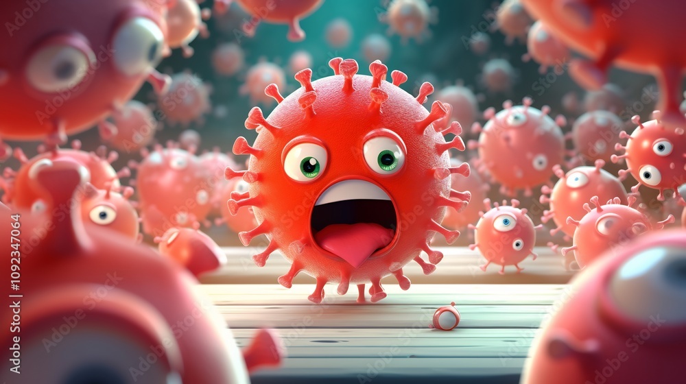 Poster bright 3d cartoon virus character discussing immunity in amusing expression