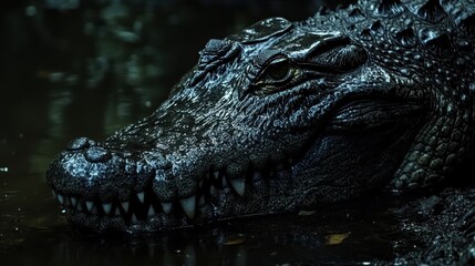 Obraz premium Close-Up Portrait of a Captivating Crocodile Embedded in Dark Water Surrounded by Mysterious Jungle Shadows, Displaying Sharp Teeth and Intriguing Eyes