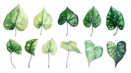 A collection of various leaves illustrated in watercolor, showcasing different shades of green, textures, and patterns, isolated on a white background.